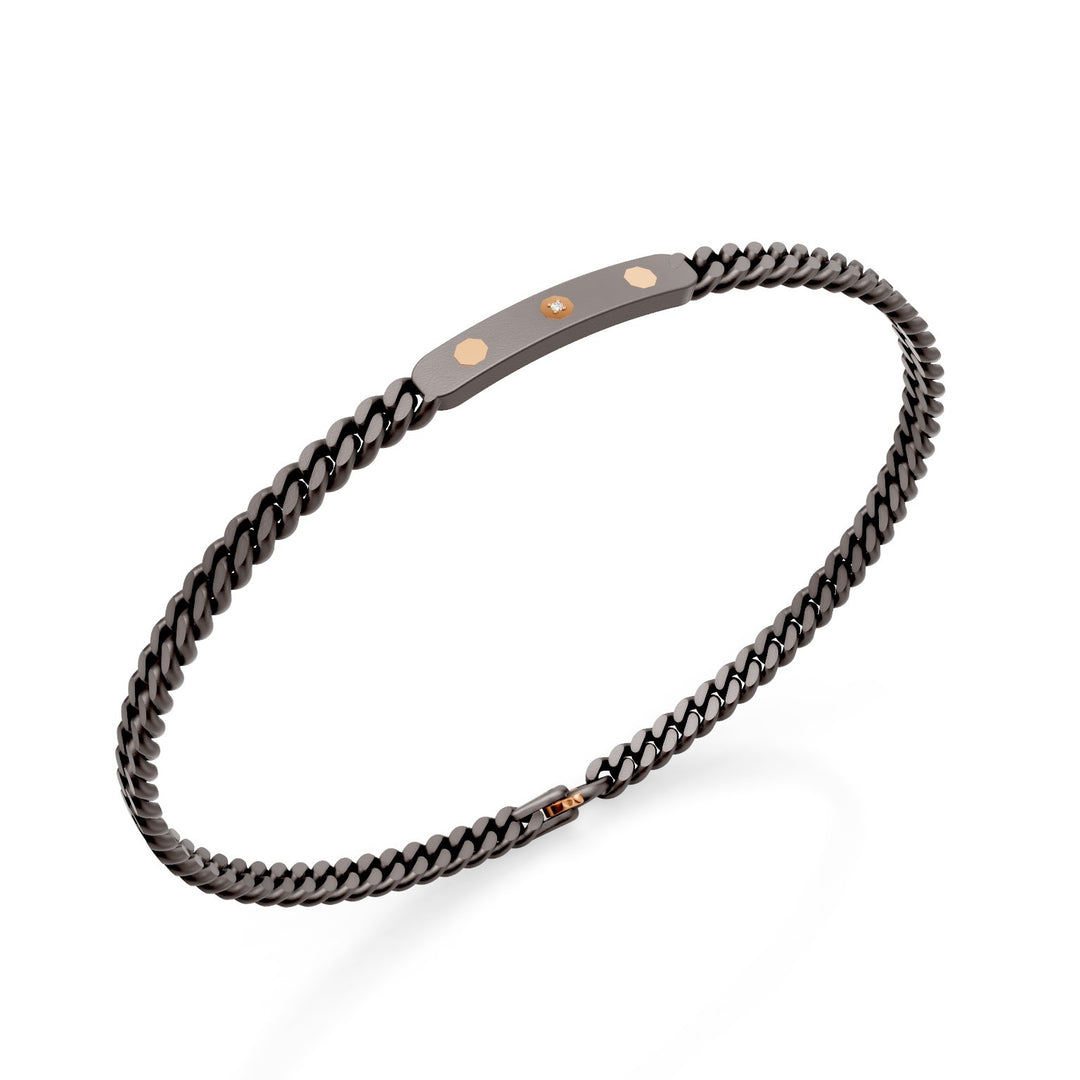 Pulseira groumette World Diamond Group em titânio cinza, com barra central e inserções octogonais em ouro rosa 18k, sendo a central cravejada com um diamante de 21 cm GBR045O3DIGR-210