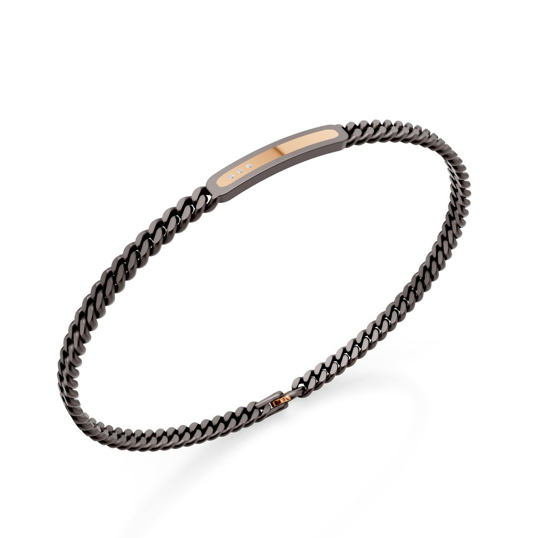 Pulseira groumette de titânio cinza do World Diamond Group, com barra central e inserção de barra em ouro rosa 18k, cravejada de diamantes, 20 cm GBR049O3DIGR-200