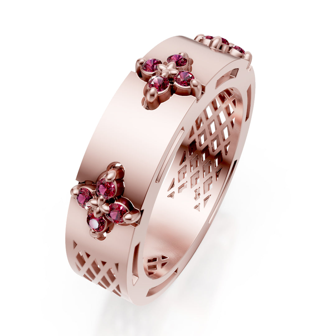 Halbrunder Golay-Bandring aus Satin mit rosa Rubinen AFFI04RUSR
