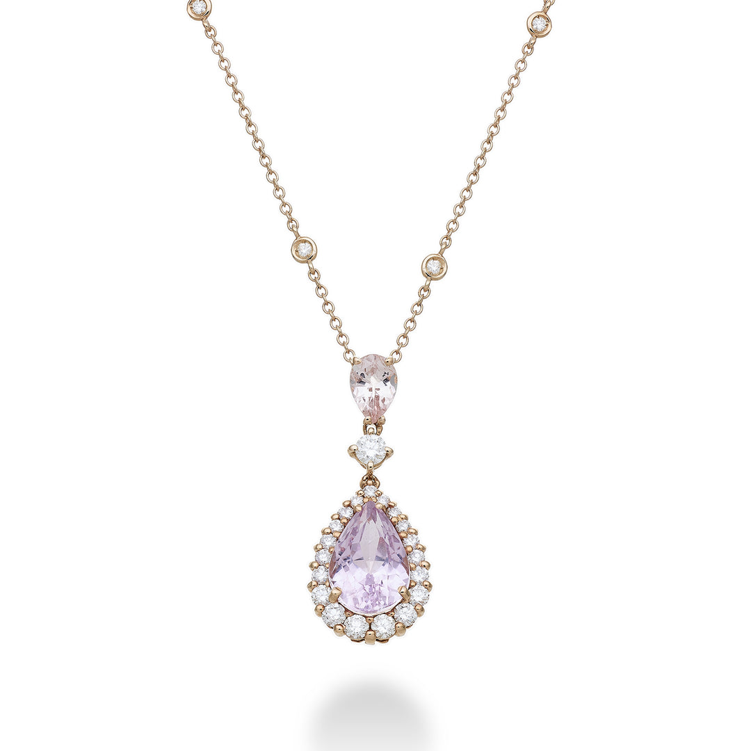 World Diamond Group Kunzit-Tropfen-Halskette 10x7, Morganit und Diam PCL093DIKZMO2-21292110052