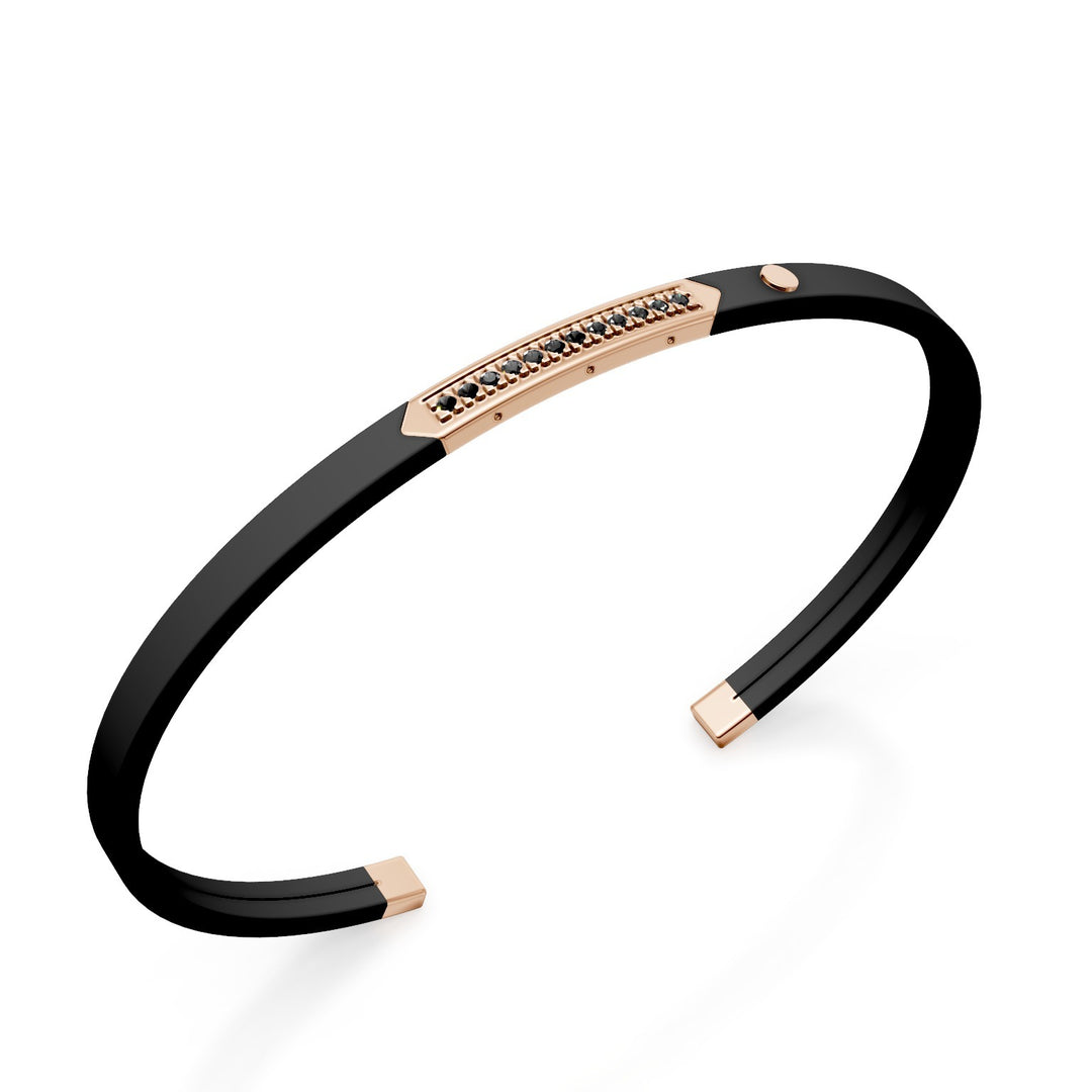 Bracelet jonc en titane noir World Diamond Group, insert en or rose 18 carats, avec rangée de diamants noirs, taille moyenne GBR041O3BKNE_M
