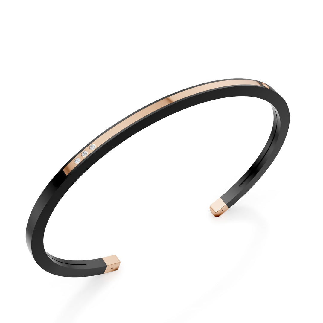 World Diamond Group bracciale schiava in titanio nero, con una tre diamanti e inserti in oro rosa 18kt, con barretta lunga, misura media GBR037O3DINE_M