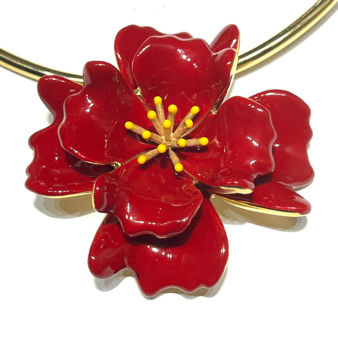 Federica Rossi Bloemen choker ketting 8 bloemblaadjes brons PVD afwerking 18kt geel goud rood email FR.CO.29