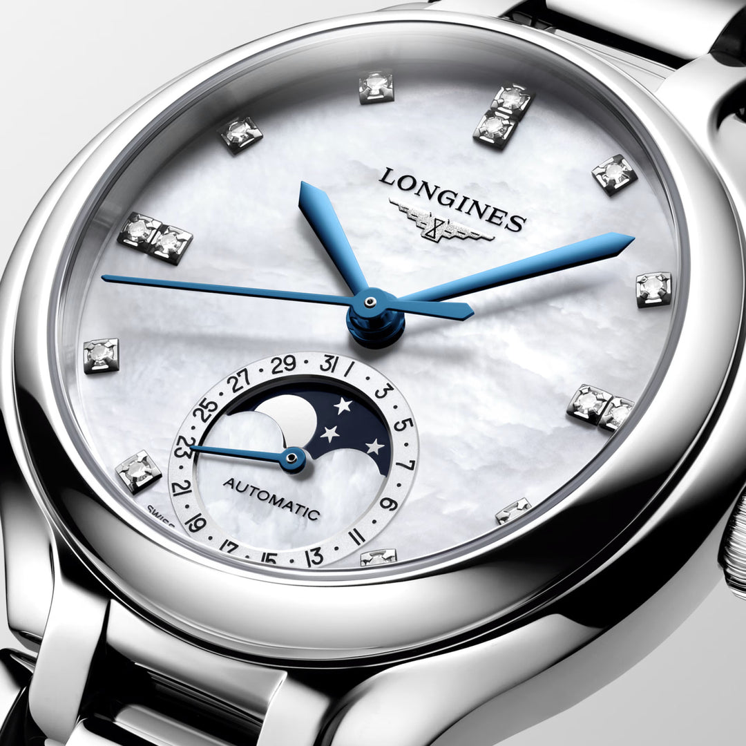 Longines orologio Primaluna Moonphase 34mm madreperla diamanti automatico acciaio L8.126.4.87.6