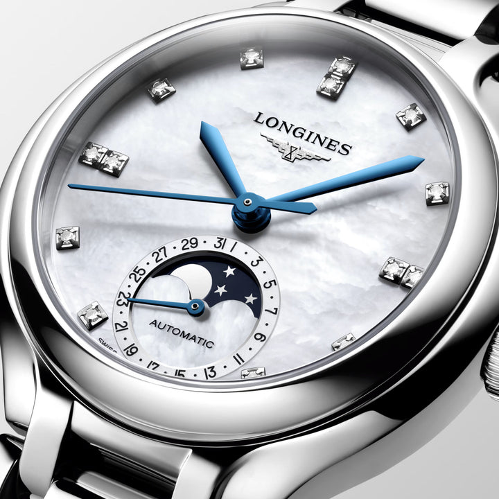 Longines orologio Primaluna Moonphase 34mm madreperla diamanti automatico acciaio L8.126.4.87.6