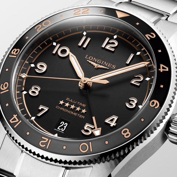 Longines orologio Spirit Zulu Time 39mm nero automatico acciaio L3.802.4.50.6