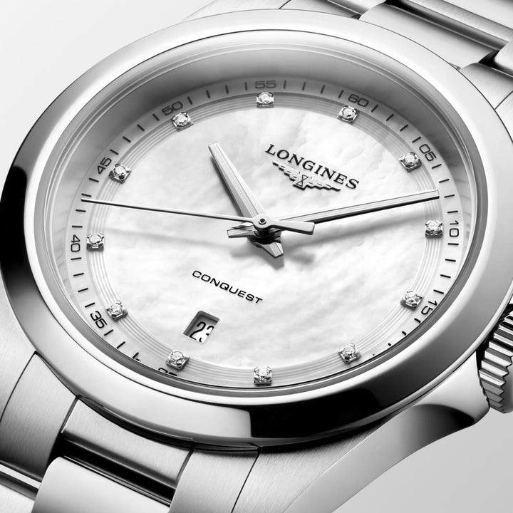 Reloj Longines Conquest 30mm nácar diamantes cuarzo acero L3.350.4.87.6