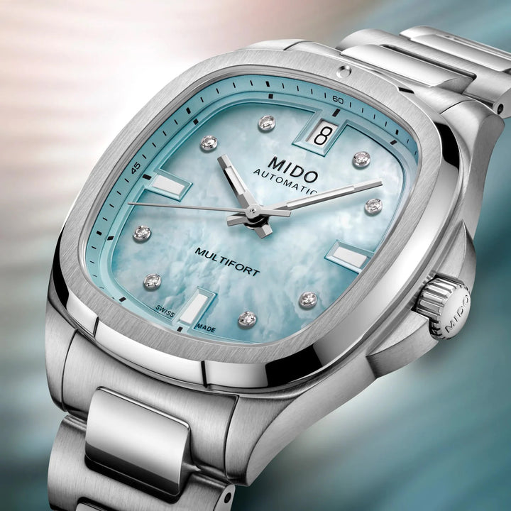 Montre Mido Multifort TV 35 34x35mm nacre bleue diamants automatique acier M049.307.11.136.00