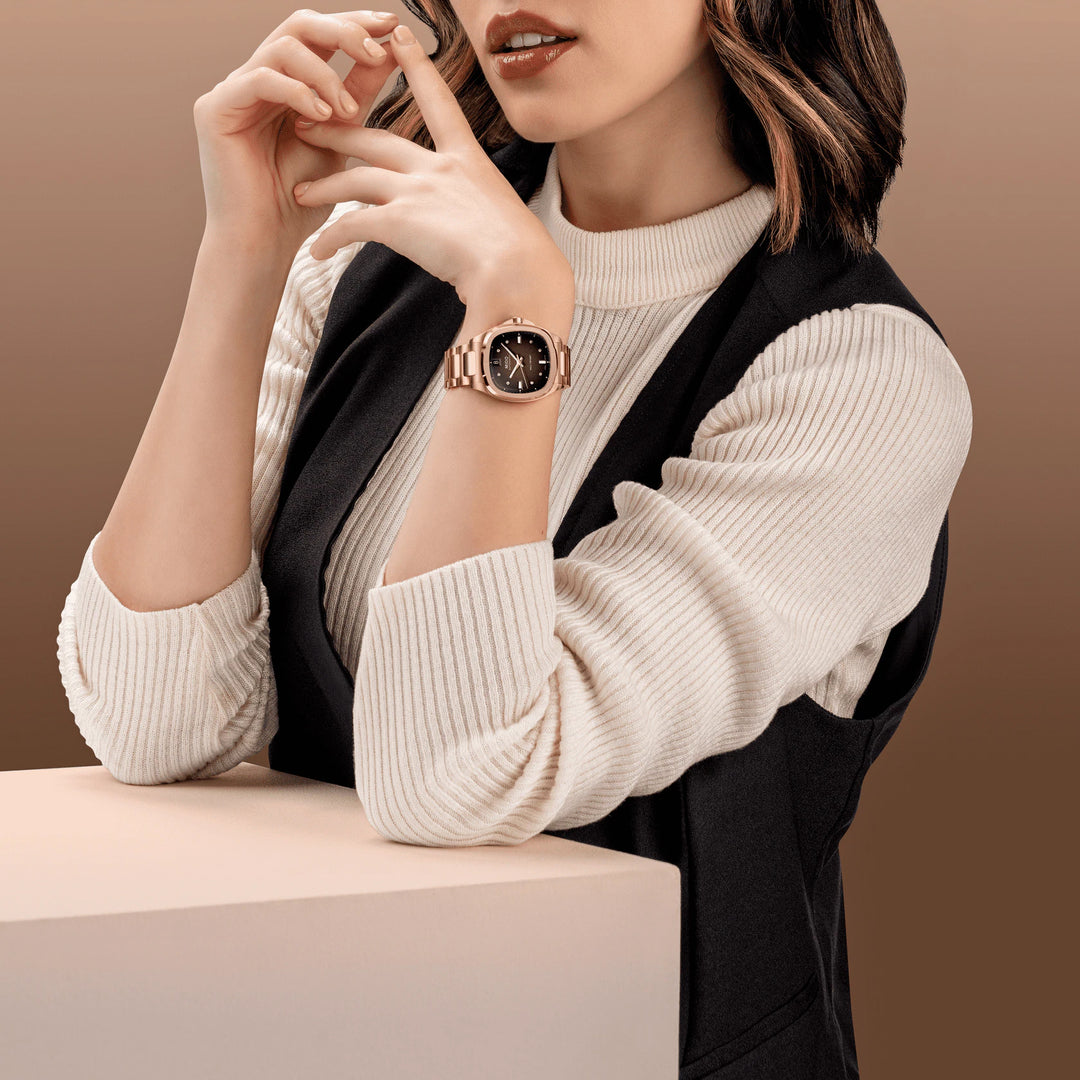 Relógio Mido Multifort TV 35mm diamantes marrons automático aço acabamento PVD ouro rosa M049.307.33.296.00