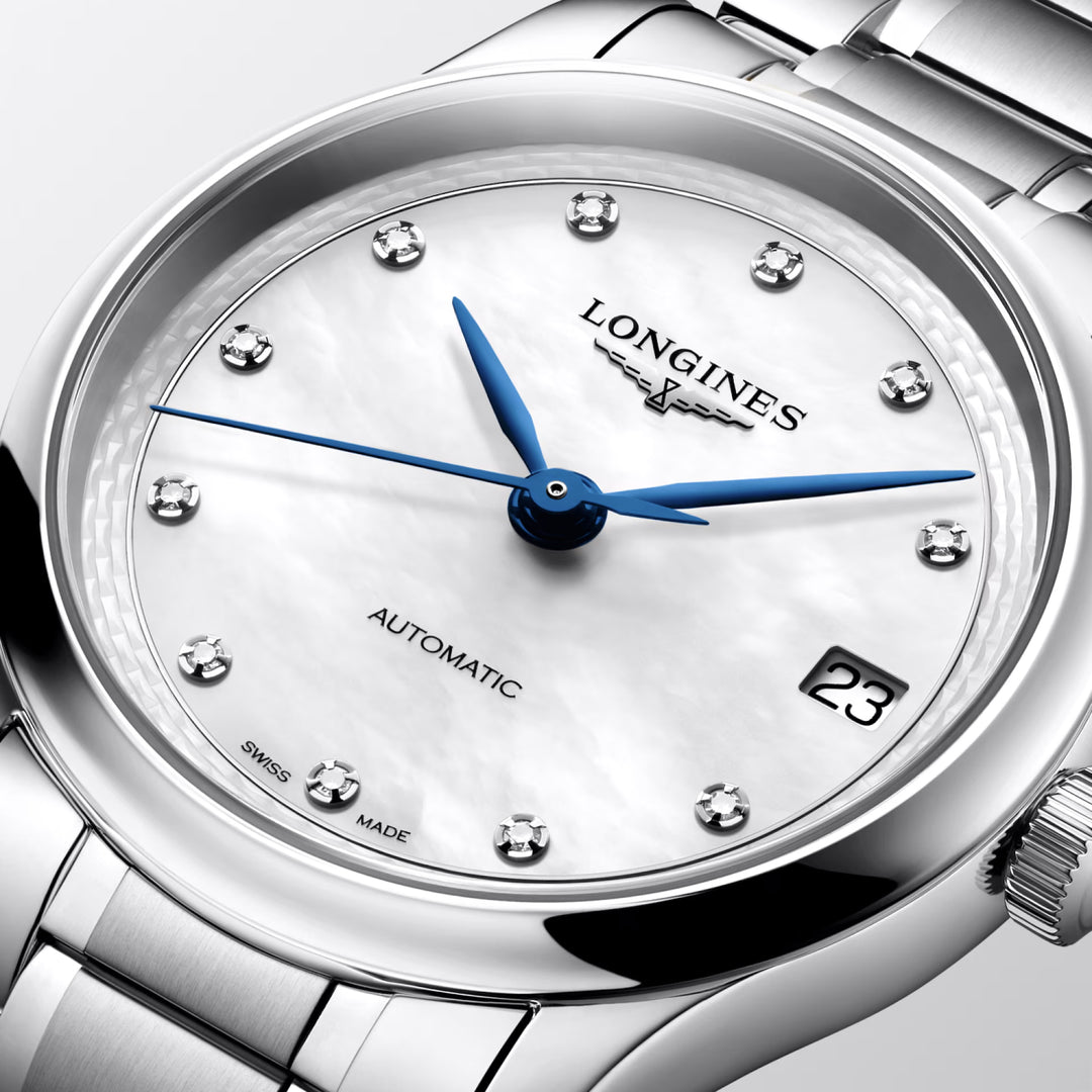 Longines Master Collection klocka 34mm pärlemor diamanter automatisk stål L2.450.4.87.6