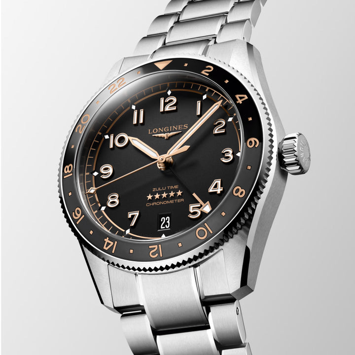 Longines orologio Spirit Zulu Time 39mm nero automatico acciaio L3.802.4.50.6