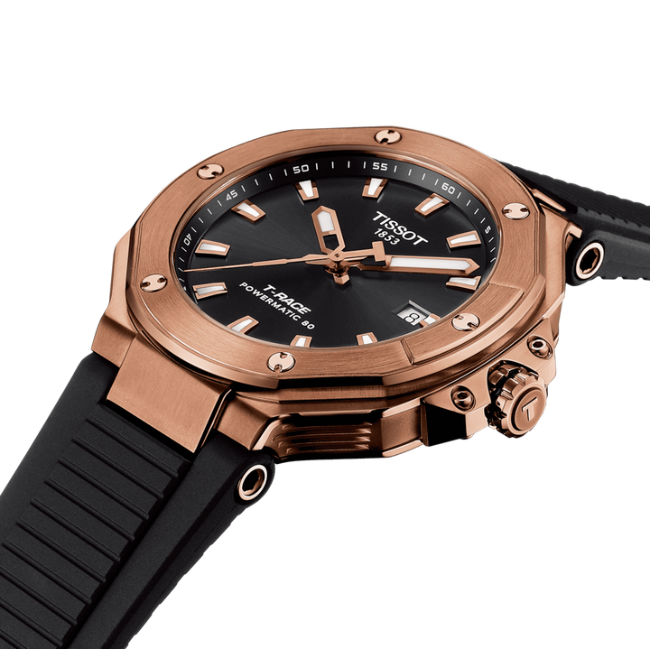 Tissot ur T-Race Powermatic 80 41mm sort automatisk stål PVD rosa guld finish T141.807.37.051.00