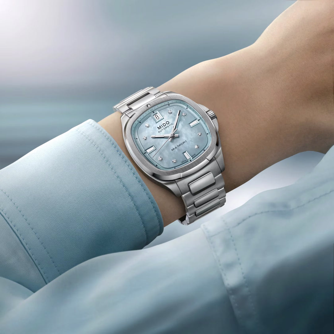 Montre Mido Multifort TV 35 34x35mm nacre bleue diamants automatique acier M049.307.11.136.00