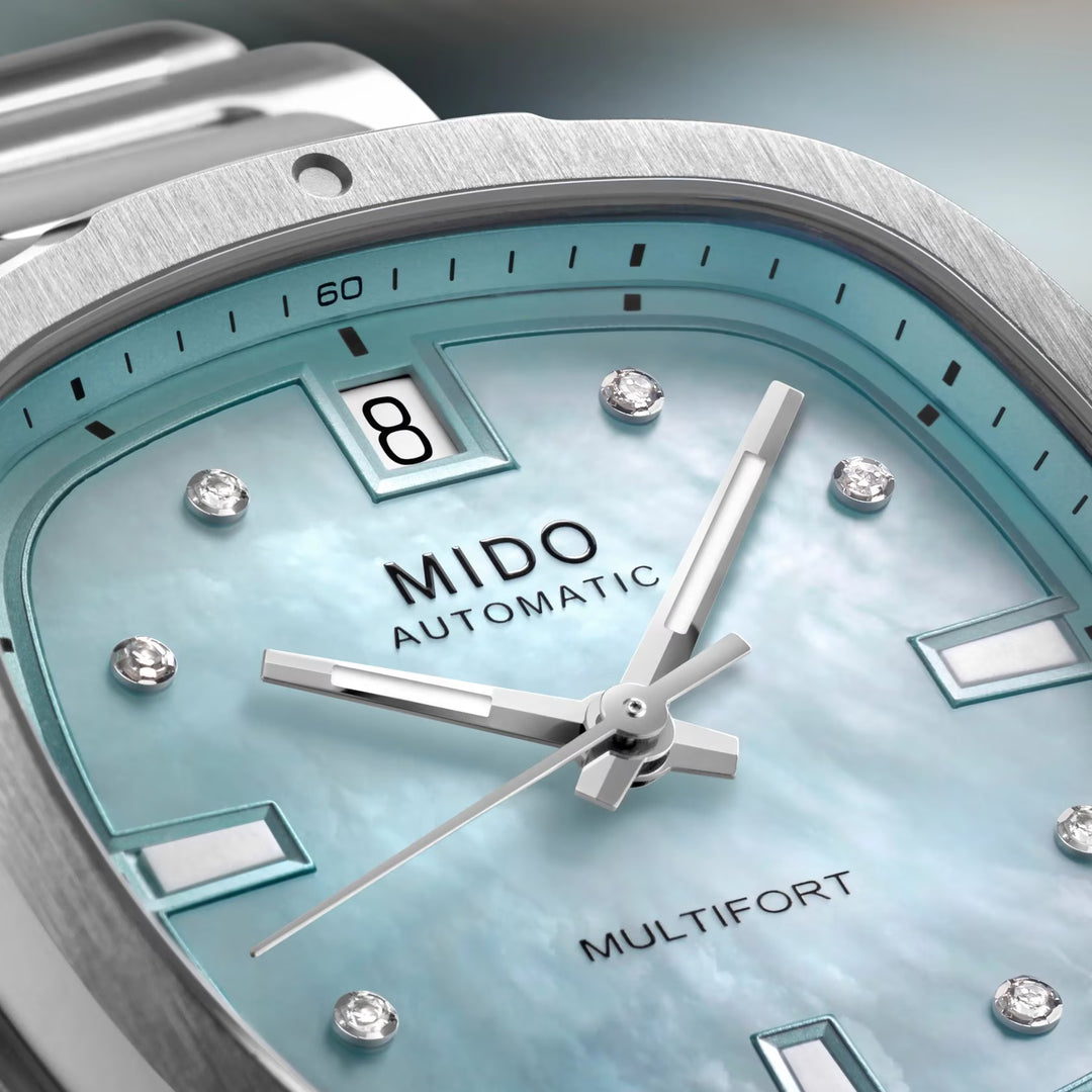 Montre Mido Multifort TV 35 34x35mm nacre bleue diamants automatique acier M049.307.11.136.00