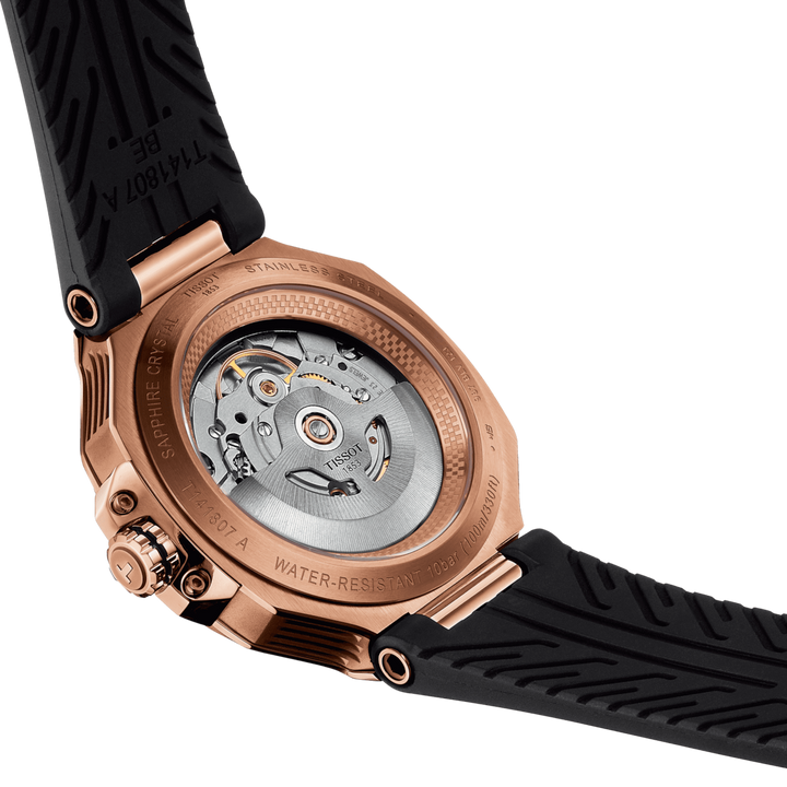 Tissot ur T-Race Powermatic 80 41mm sort automatisk stål PVD rosa guld finish T141.807.37.051.00