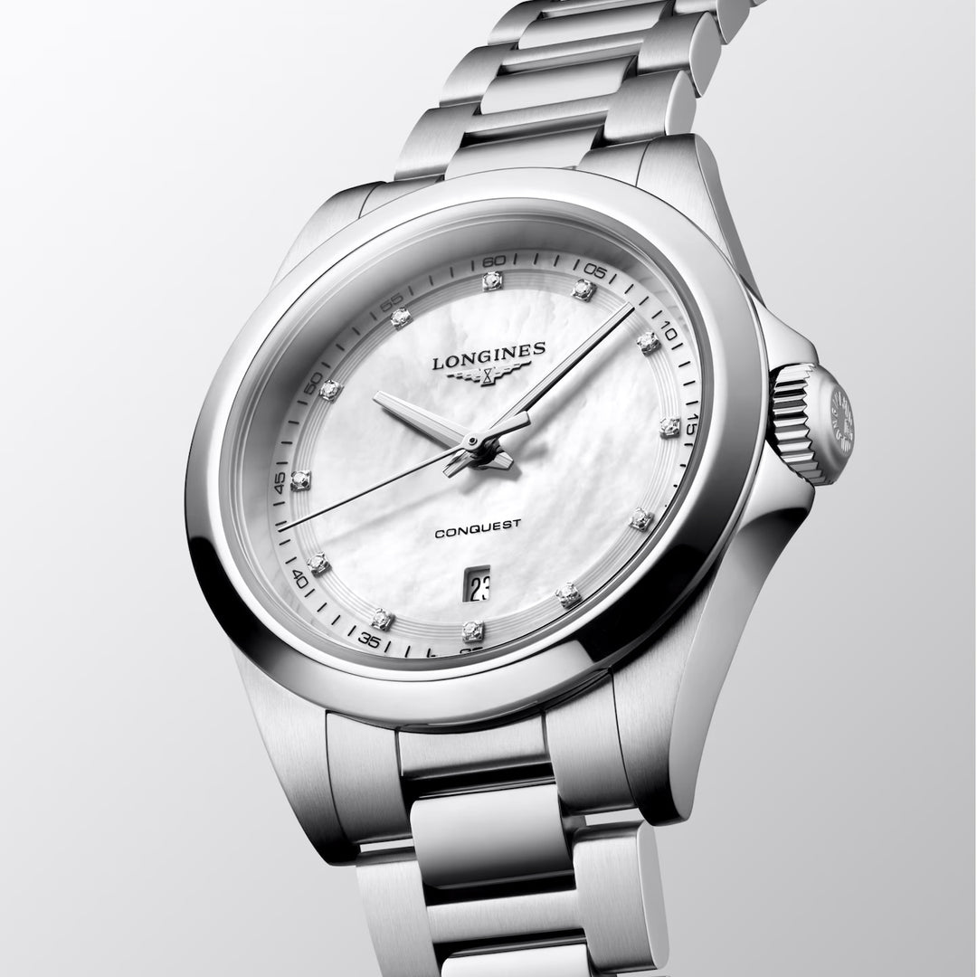 Reloj Longines Conquest 30mm nácar diamantes cuarzo acero L3.350.4.87.6