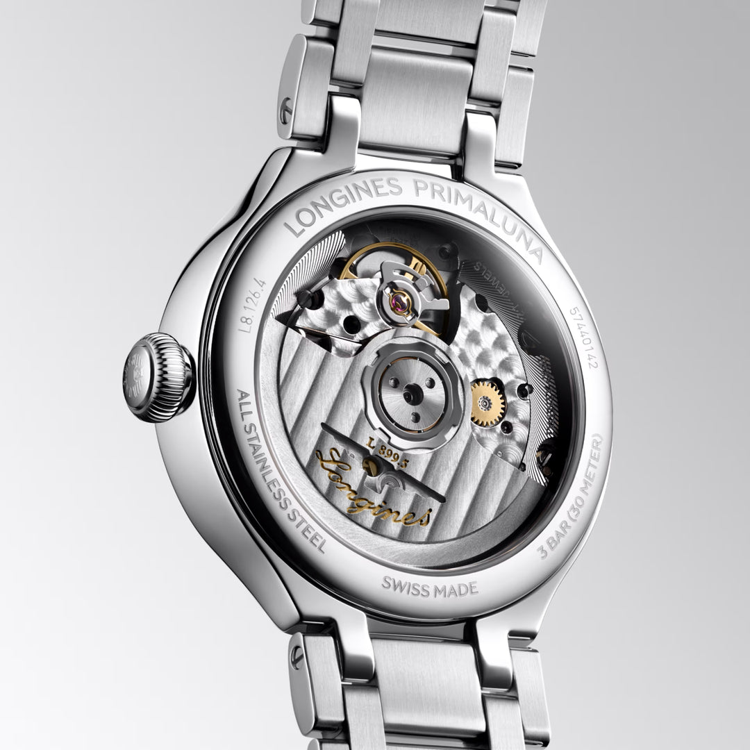 Longines orologio Primaluna Moonphase 34mm argento automatico acciaio L8.126.4.71.6