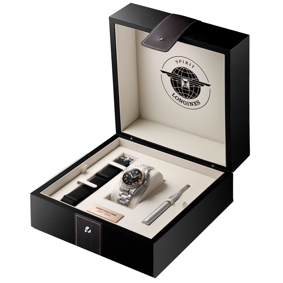 Longines orologio Spirit Zulu Time 1925 39mm nero automatico oro acciaio L3.803.5.53.6