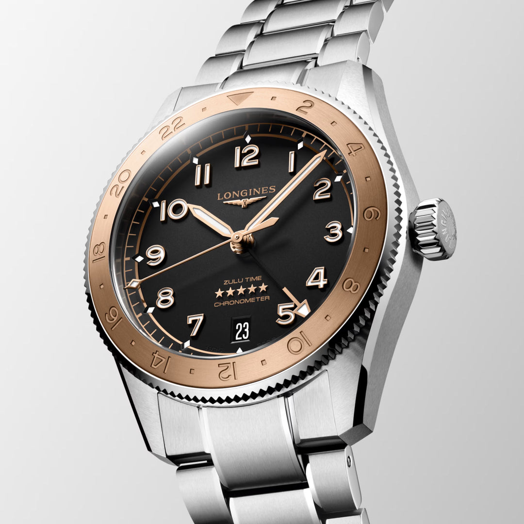 Longines orologio Spirit Zulu Time 1925 39mm nero automatico oro acciaio L3.803.5.53.6