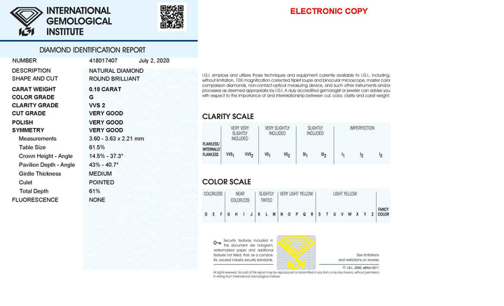 IGI gyémánt buborékfóliában tanúsított briliáns csiszolású 0,18 ct szín G tisztaság VVS 2 - Capodagli 1937