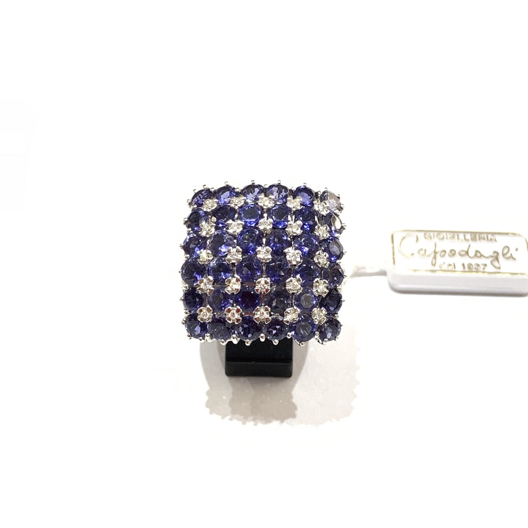Capodagli Anel quadrado em ouro branco 18kt com diamantes e iolita - Capodagli Jewellery