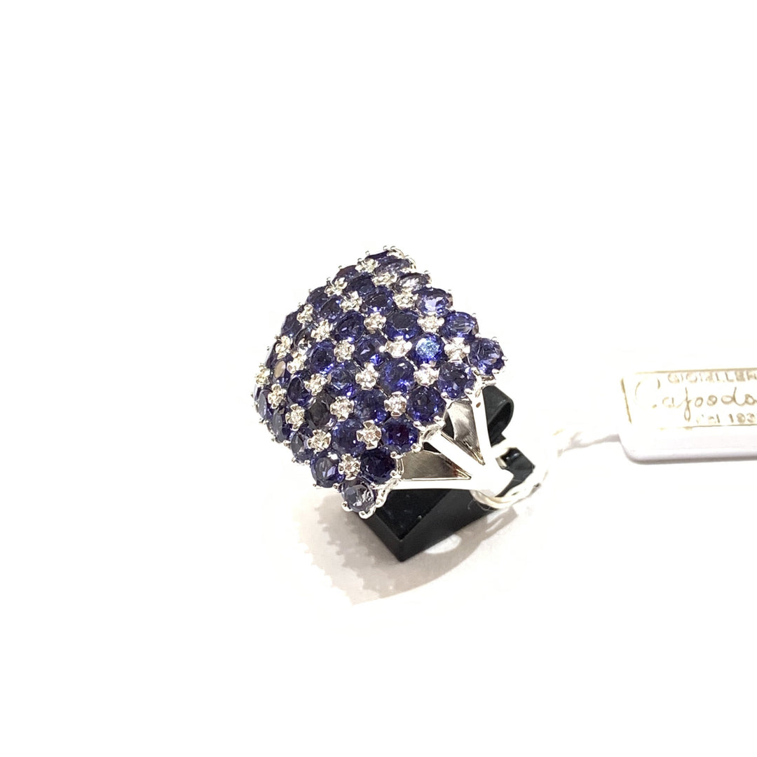 Capodagli Anel quadrado em ouro branco 18kt com diamantes e iolita - Capodagli Jewellery