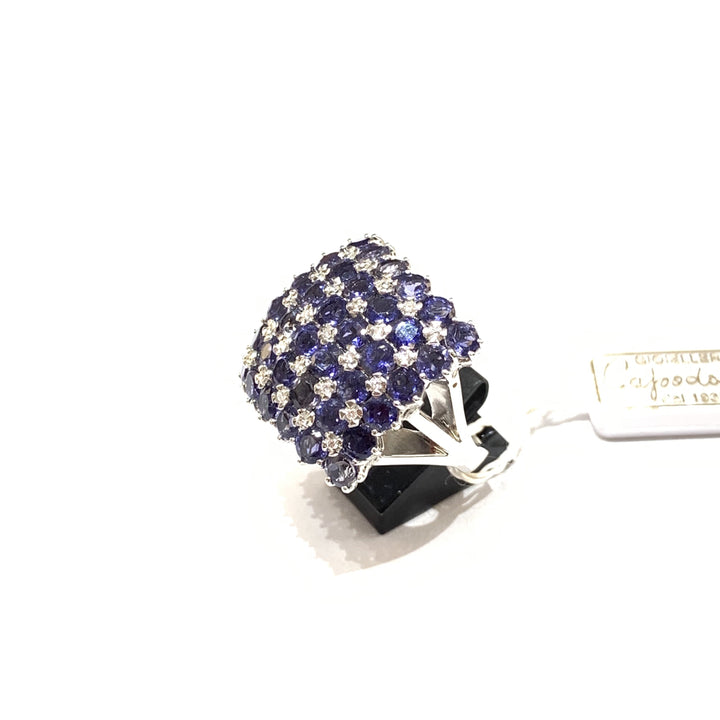 Capodagli Anel quadrado em ouro branco 18kt com diamantes e iolita - Capodagli Jewellery