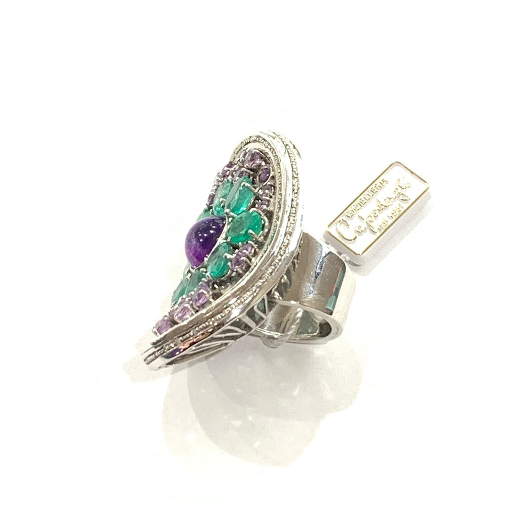 Bague selle Capodagli Or blanc 18 carats diamants émeraudes améthystes 0075A - Capodagli 1937
