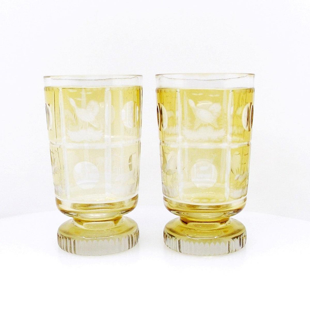 Par de copas de cristal ámbar estilo Biedermeier, cortadas y grabadas a mano A-S2429-G - Gioielleria Capodagli