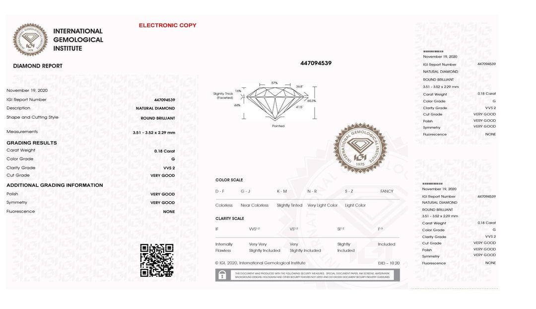 Diament IGI w blistrze certyfikowany szlif brylantowy 0,18 ct kolor G klarowność VVS 2 - Capodagli 1937