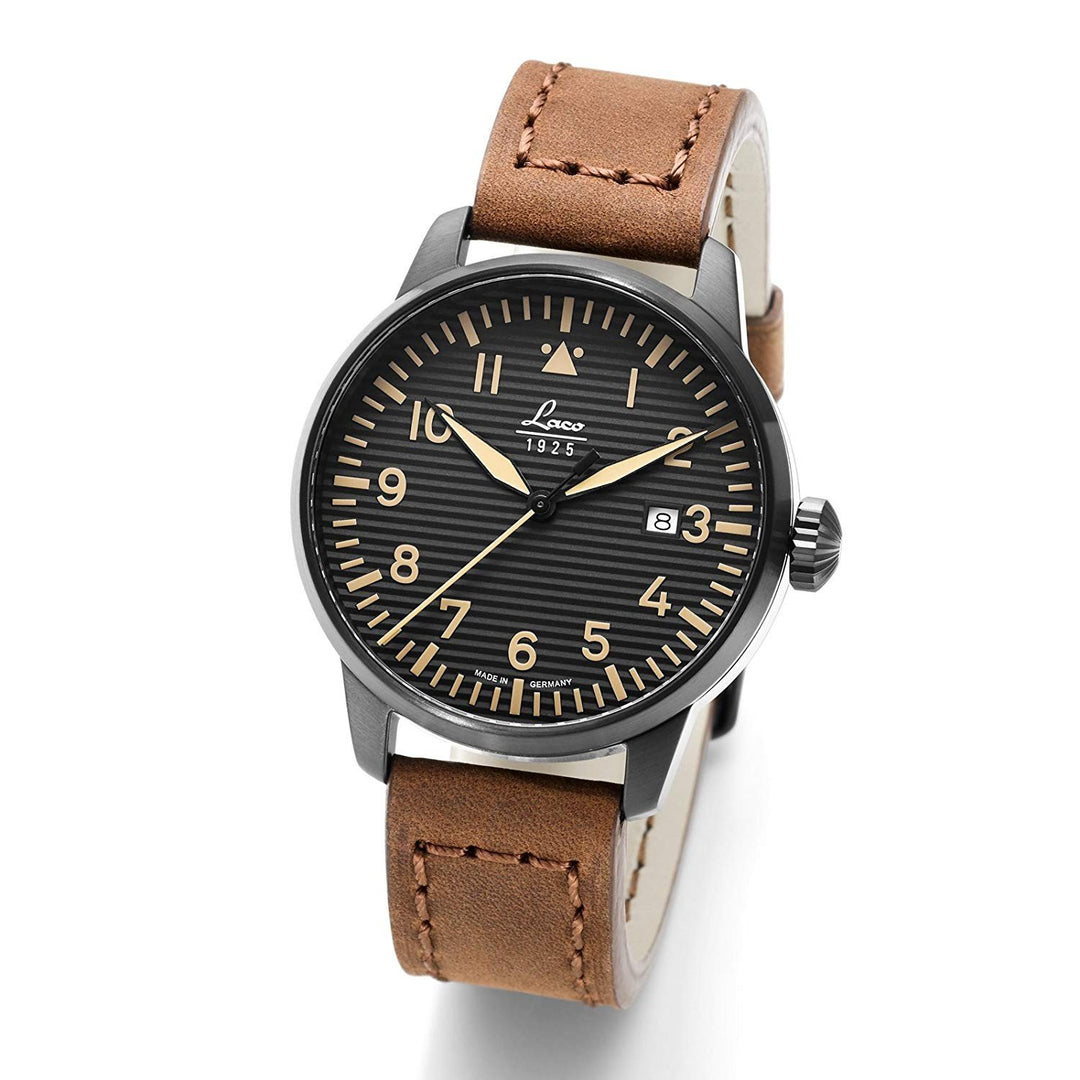 Zegarki pilotażowe Laco 1925, model specjalny ST. Gallen 42 mm czarna stal kwarcowa, czarne wykończenie IP 861973 - Biżuteria Capodagli