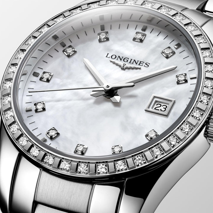 Montre Longines Conquest Classic 29.5mm nacre diamants quartz acier L2.286.0.87.6 - Capodagli 1937