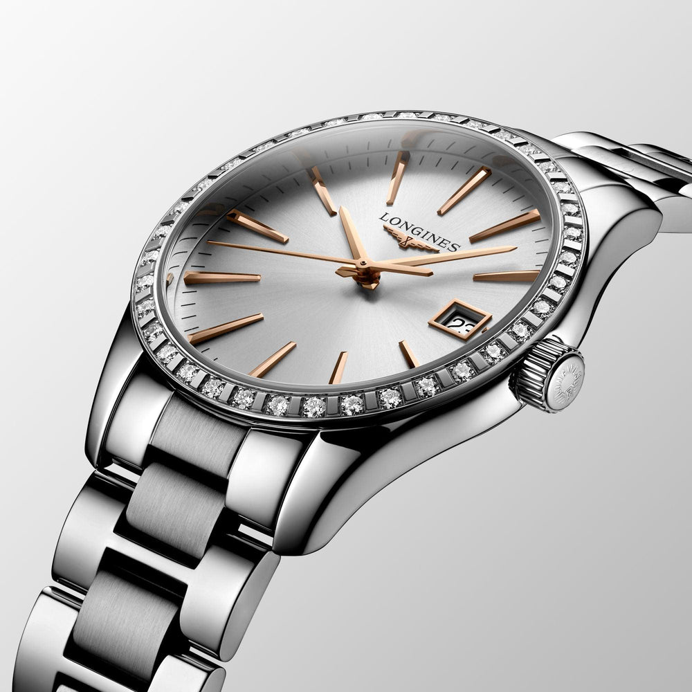 Ceas Longines Conquest Classic 34mm argint diamante cuarț oțel L2.386.0.72.6 - Capodagli 1937