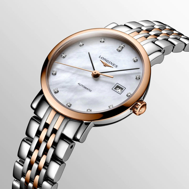 Reloj Longines Elegant Collection 29mm nácar brillantes automático acero acabado oro rosa L4.310.5.87.7 - Capodagli 1937