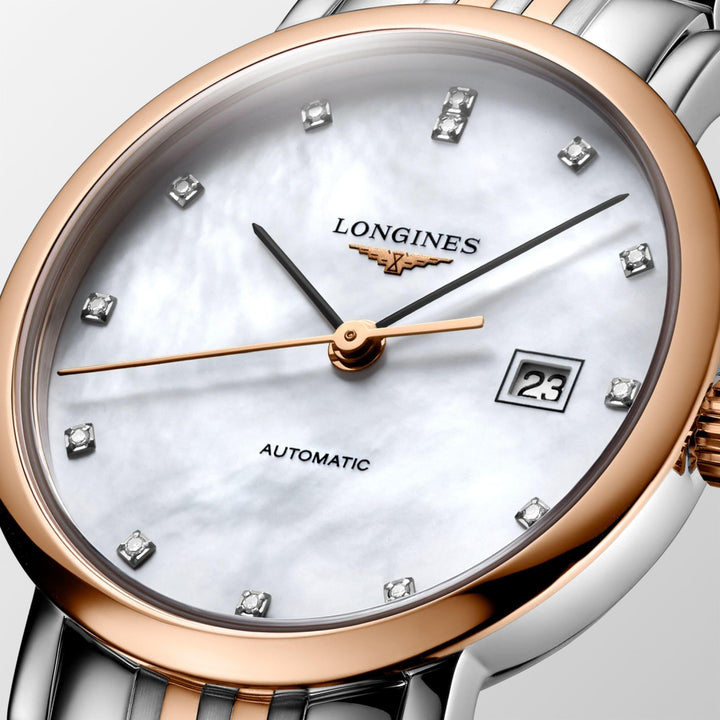 Reloj Longines Elegant Collection 29mm nácar brillantes automático acero acabado oro rosa L4.310.5.87.7 - Capodagli 1937