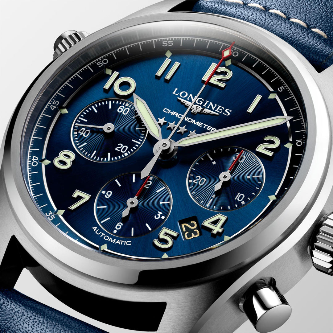 Relógio Longines Spirit cronógrafo 42 mm azul automático aço L3.820.4.93.0 - Capodagli 1937