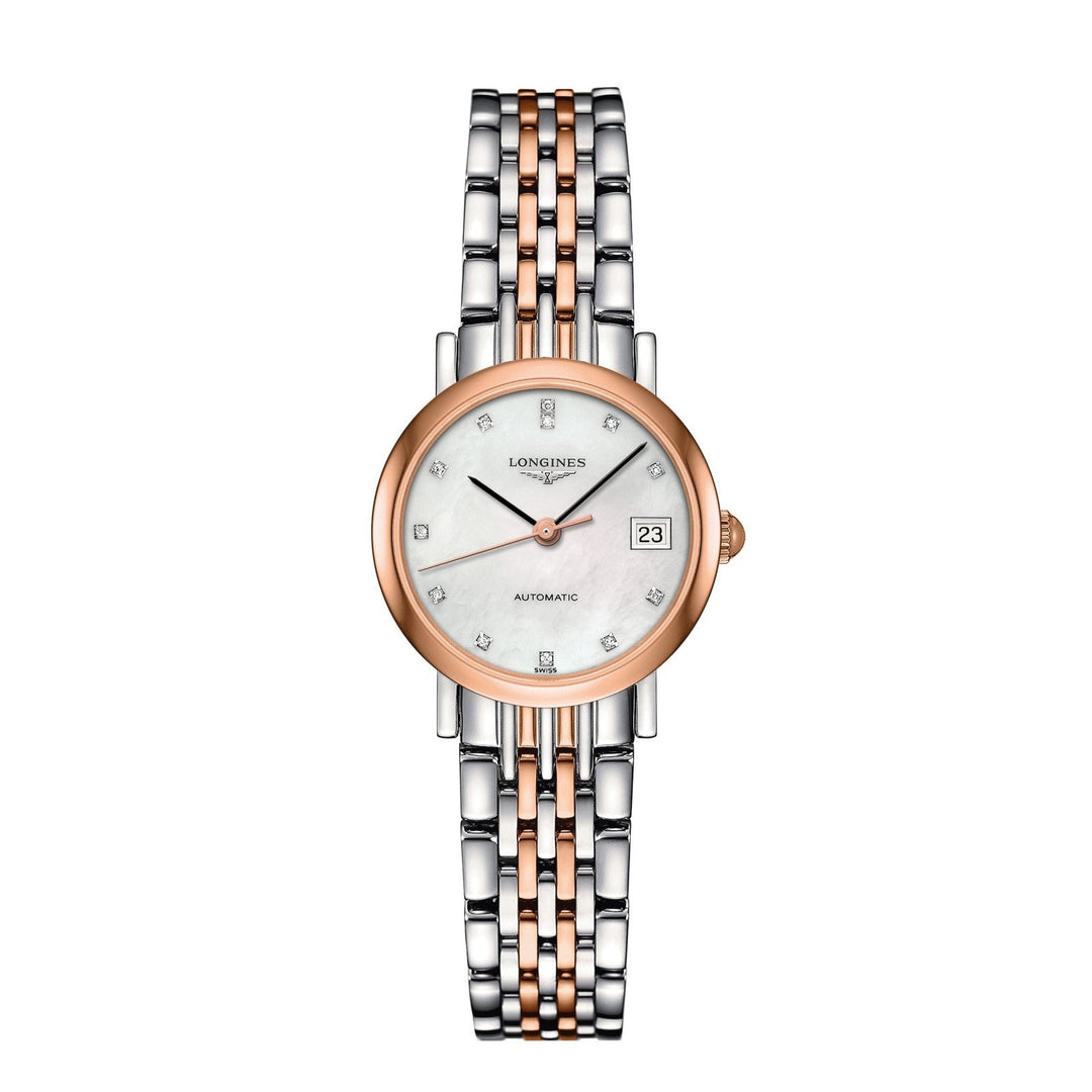 Longines klocka The Longines Elegant Collection 25,5 mm pärlemor diamanter automatiskt stål och 18 karat guld L4.309.5.87.7 - Gioielleria Capodagli