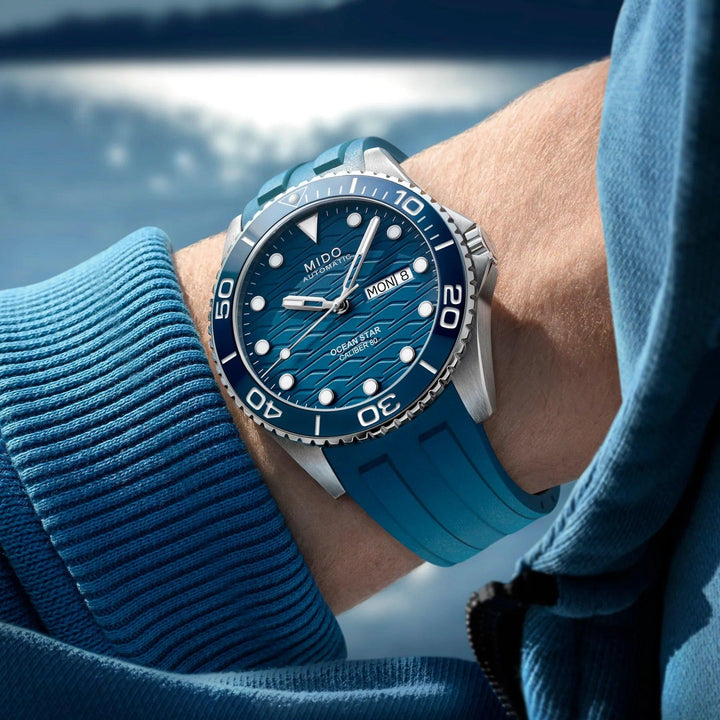 Relógio Mido Ocean Star 200M 42mm azul automático aço M042.430.17.041.00 - Capodagli 1937