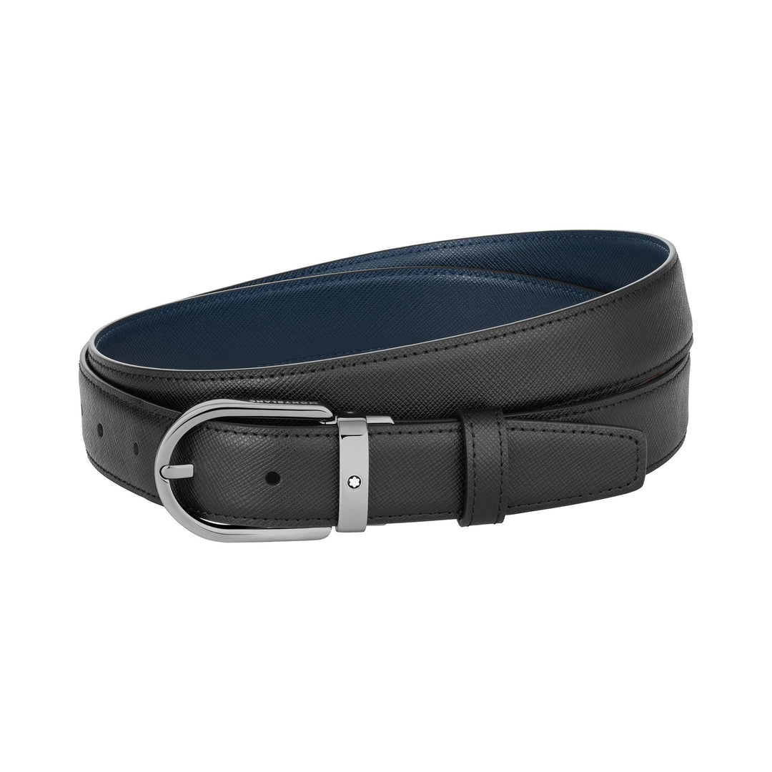 Cinturón Montblanc hebilla de herradura reversible de 30 mm Cuero sartorial negro/azul 128763 - Capodagli 1937
