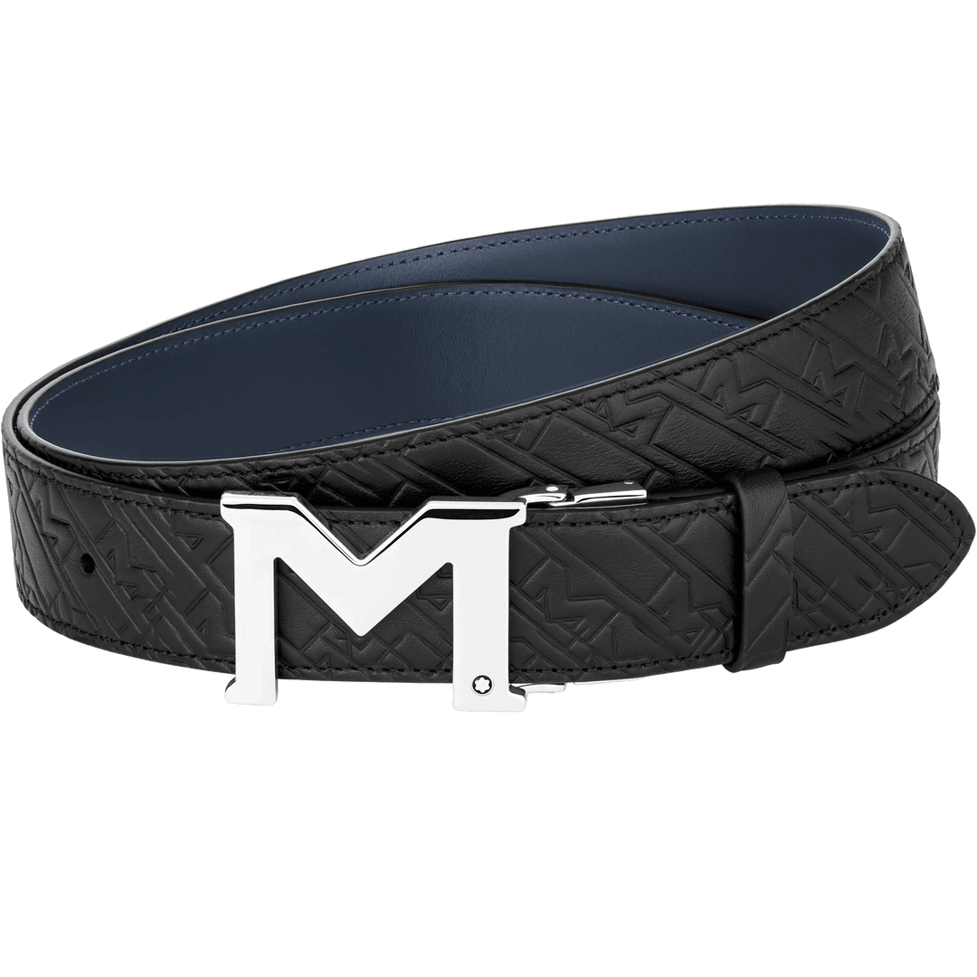 Cinturón Montblanc 35 mm con hebilla M en piel negro/azul, reversible, talla ajustable 128787 - Capodagli 1937