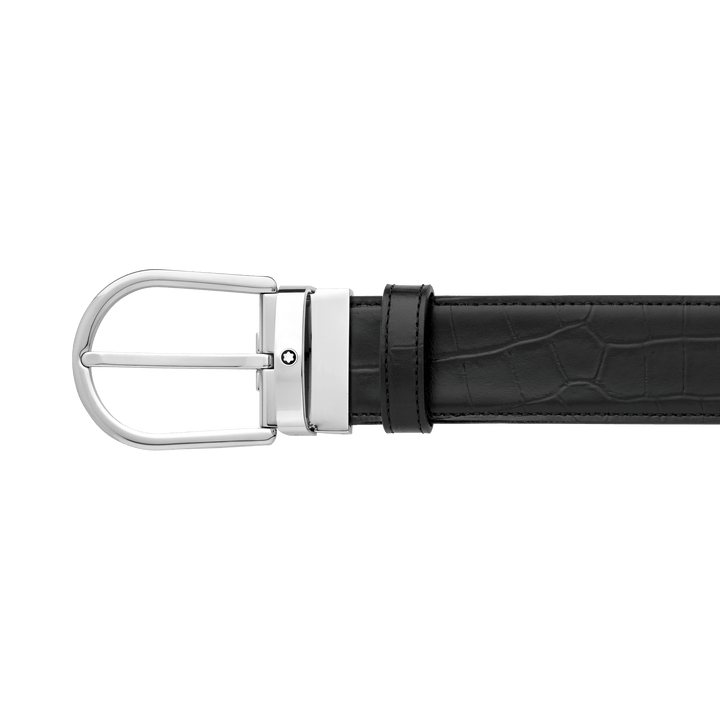 Cinturón Montblanc 35mm hebilla de herradura reversible piel lisa y estampada negra 130016 - Capodagli 1937