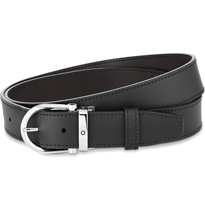 Montblanc 35 mm vendbart bælte i sort/brunt læder med hesteskospænde 128783 - Capodagli 1937