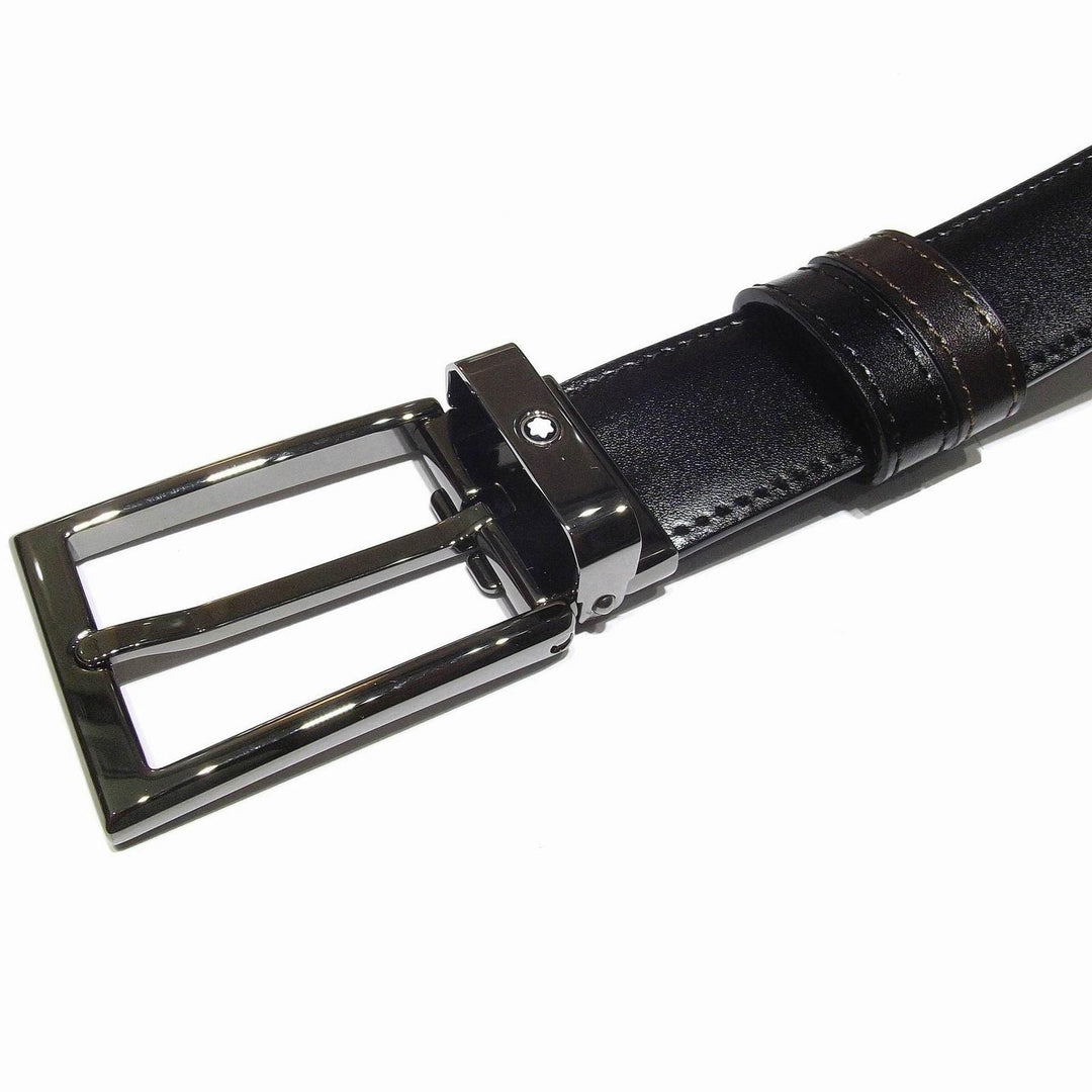 Montblanc Cinto ajustável Linha Contemporânea 30mm retangular polido rutênio fivela reversível preto marrom 118433 - Gioielleria Capodagli