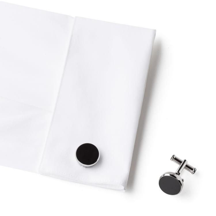 Abotoaduras com botão redondo Montblanc em aço inoxidável com inserção de ônix 114784 - Gioielleria Capodagli