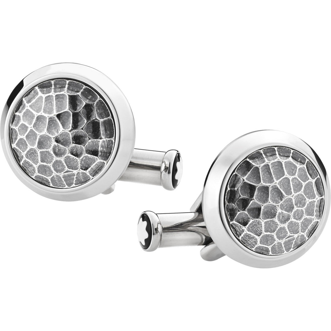 Montblanc ronde manchetknopen in roestvrij staal met gehamerd inzetstuk 124207 - Capodagli Sieraden