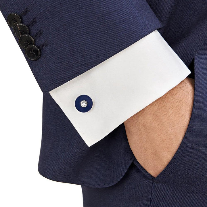 Boutons de manchette ronds Montblanc en acier inoxydable avec résine bleue 123812 - Capodagli 1937