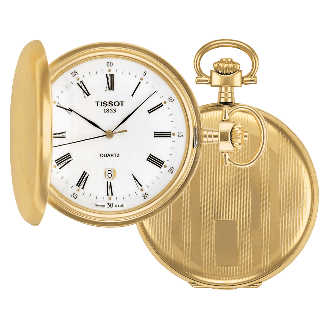 Tissot Savonette lommeur 48,5 mm hvid quartz messing PVD gul guld finish T83.4.553.13 - Gioielleria Capodagli