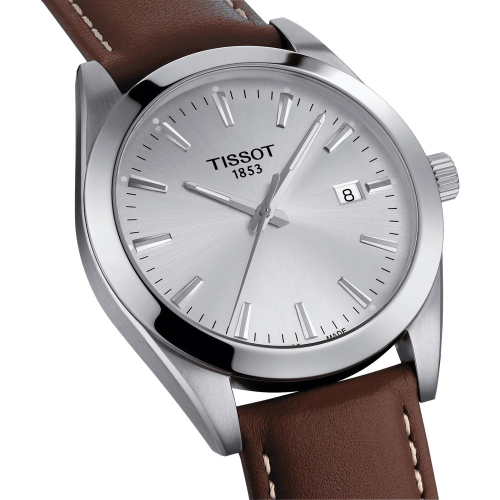 Reloj Tissot para hombre Gentleman plata 42mm acero cuarzo cuero marrón T127.410.16.031.00 - Gioielleria Capodagli