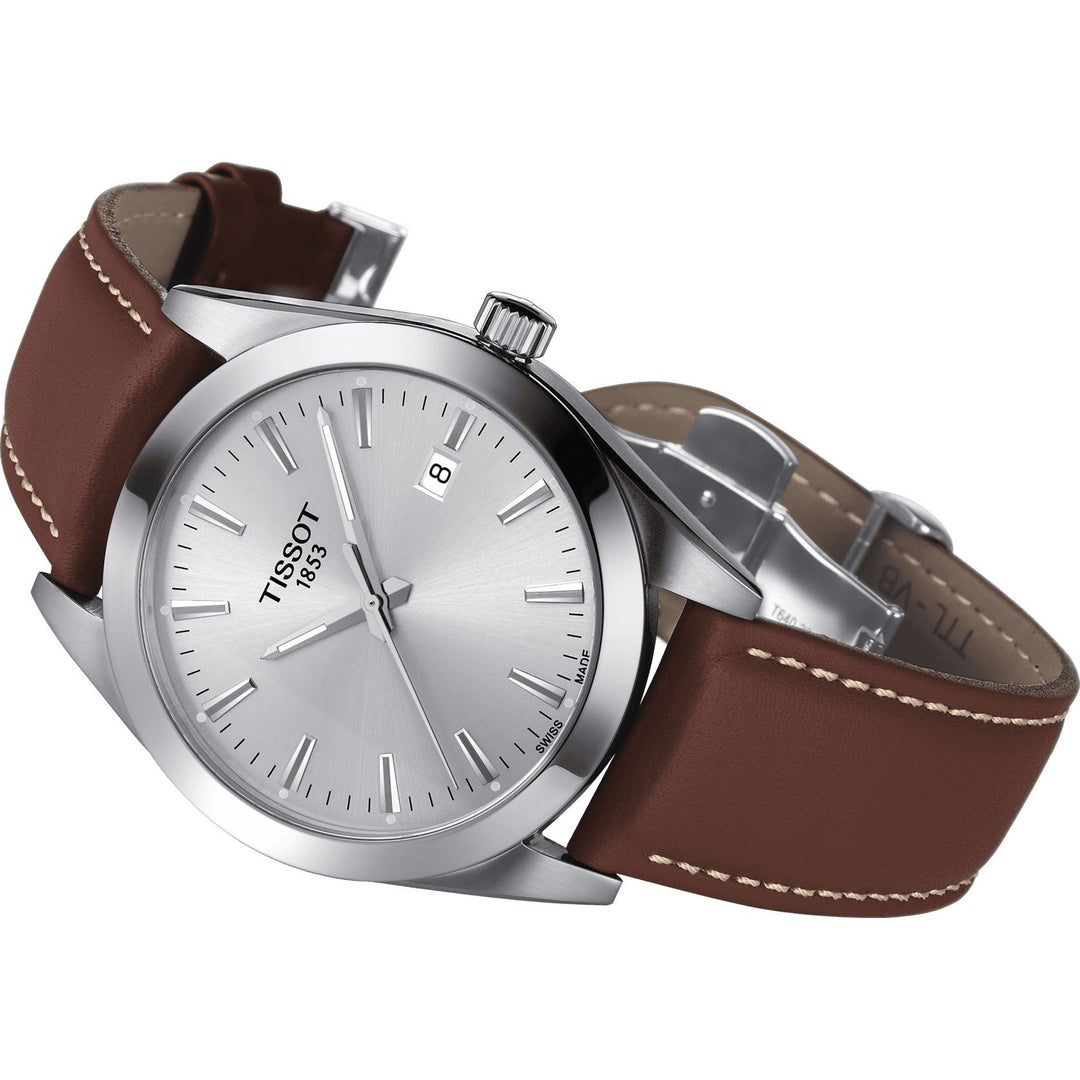 Tissot herrklocka Gentleman silver 42mm stål kvartsbrunt läder T127.410.16.031.00 - Gioielleria Capodagli